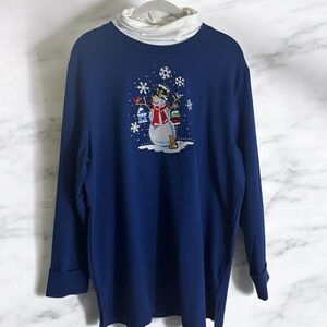 Quacker Factory Blue Holiday Snowman‎ Winter Turtleneck Sweatshirt L